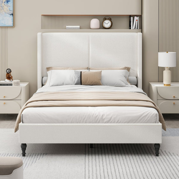 English Elm Queen Plush Upholstered Bed Frame with 55.5" High Headboard, Bouclé Style, 12-Slat Support, 1000lb Capacity White 64.96 L x 31.5 W x 8.07 H W1716P335676
