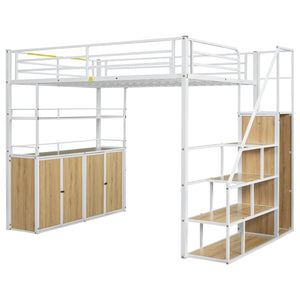 English Elm Full Size Metal Loft Bed with Desk, Storage Staircase, Wardrobe & Shelves — Space-Saving White GX002219AAK