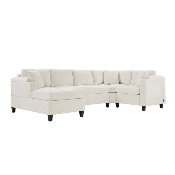 English Elm Modern U-shaped Sectional Sofa 115.7" Corner Couch with Chaise, Chenille Tufted Cushions, USB Ports and Storage Beige N719S002150A