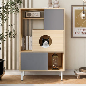 English Elm 2 Modern Cat Tree & Side Cabinet with Litter Box Enclosure, Stylish Wood Bookcase with Hidden Storage, Natural/Grey Elegance N843P254701N