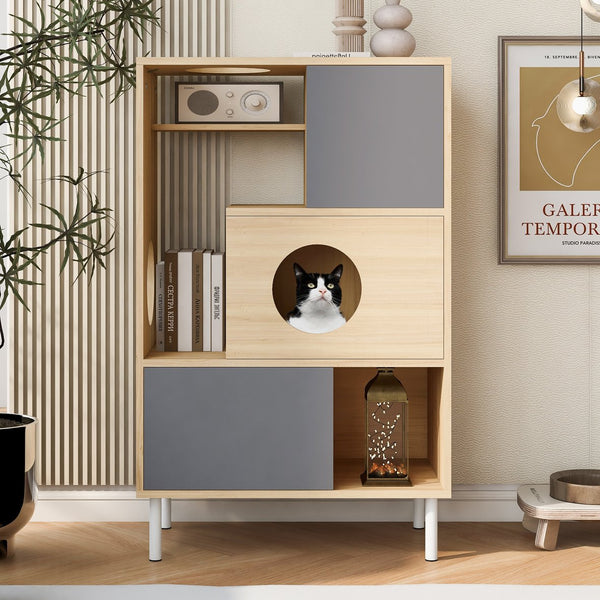 English Elm 2 Modern Cat Tree & Side Cabinet with Litter Box Enclosure, Stylish Wood Bookcase with Hidden Storage, Natural/Grey Elegance N843P254701N