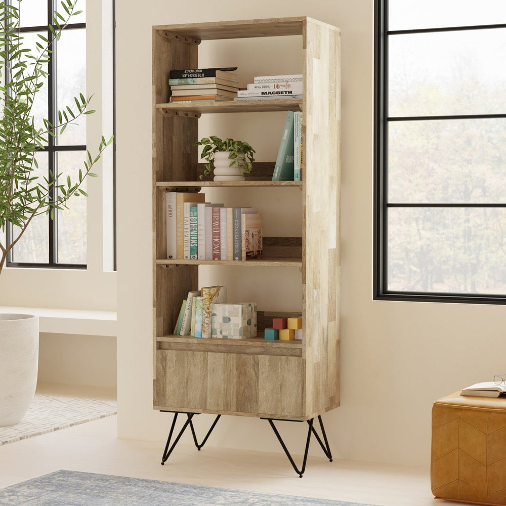 English Elm Hunter Tall Bookcase Natural Mango Wood with Drawer & Hairpin Legs, Industrial Modern Storage Shelf B136P238609