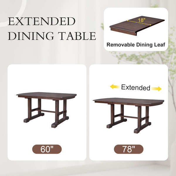 English Elm 60"-78" Extendable Dining Table with Removable Leaf, Solid Wood Farmhouse Kitchen Table for 4-8 Guests, Durable Finish and Easy Care Guidance Cherry N752P271802C
