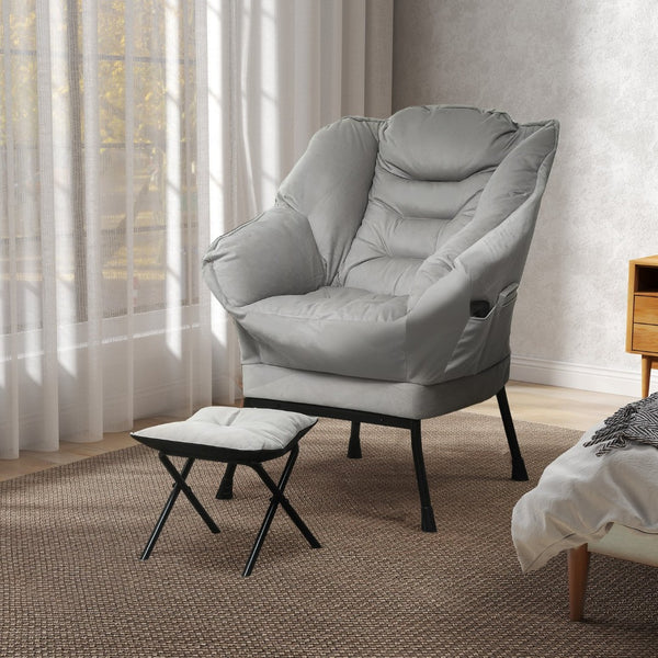 English Elm Lazy Tufted Velvet Accent Chair with Ottoman and Side Pockets for Reading Nooks T3971P405417