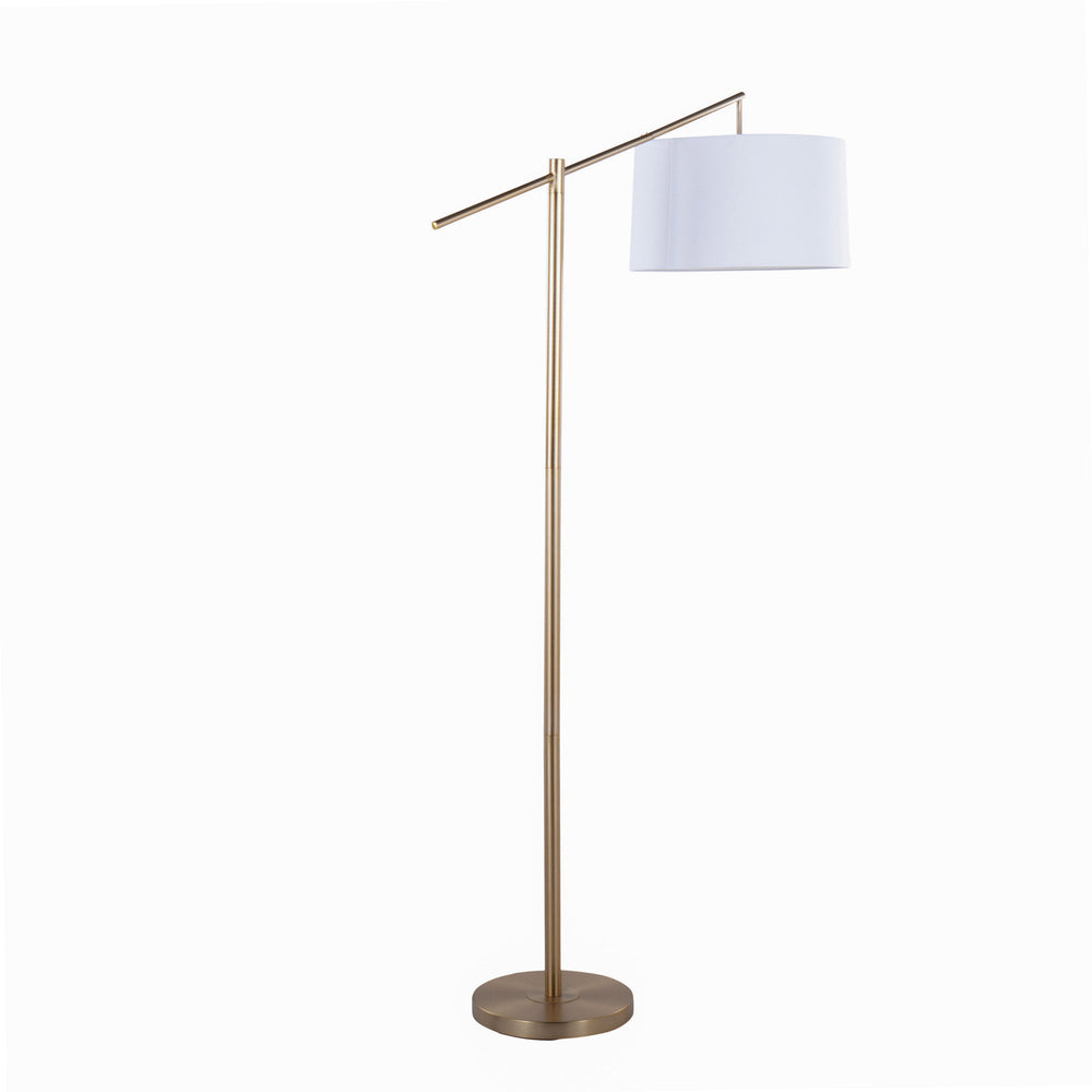 English Elm Casper 69" Contemporary Gold Floor Lamp with Off-White Linen Drum Shade, Angled Arm, Slim Design B202P223996