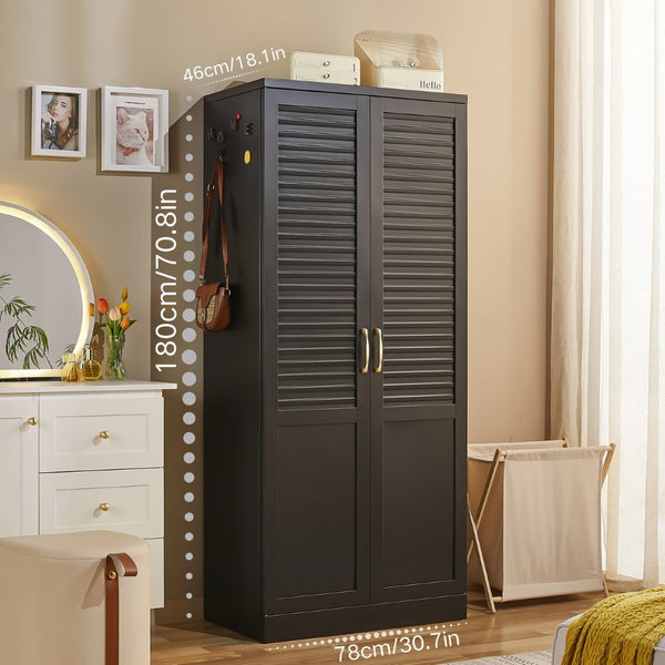 English Elm Armoire Steel Frame Open Wardrobe with Full Length Mirror and Adjustable Shelving T5667P471070