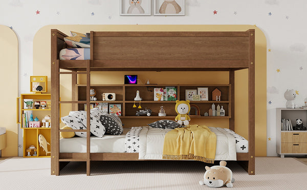 English Elm Queen Over Queen Floor Bunk Bed with Built-In Storage Shelves, USB Charging Station, Solid Pine Frame, Safety Rails and LadderDesigned for Space Saving and Modern Bedrooms Wheat W504S00259