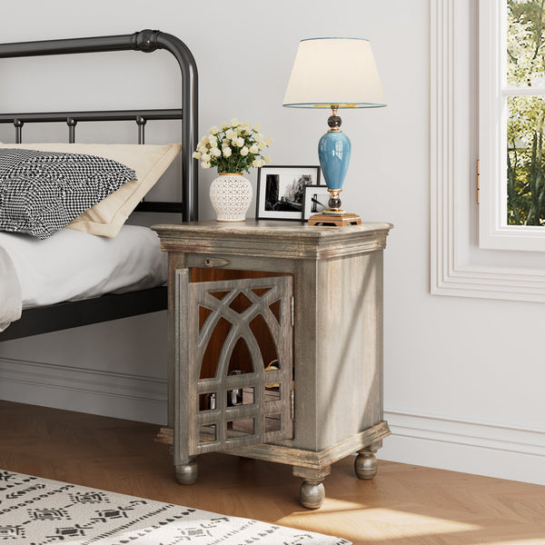 English Elm Christopher Knight Home® - Antique Hand-Carved Grey Mango Wood Nightstand – Distressed Vintage Finish, Solid Craftsmanship, Bedside Storage N758P194723D