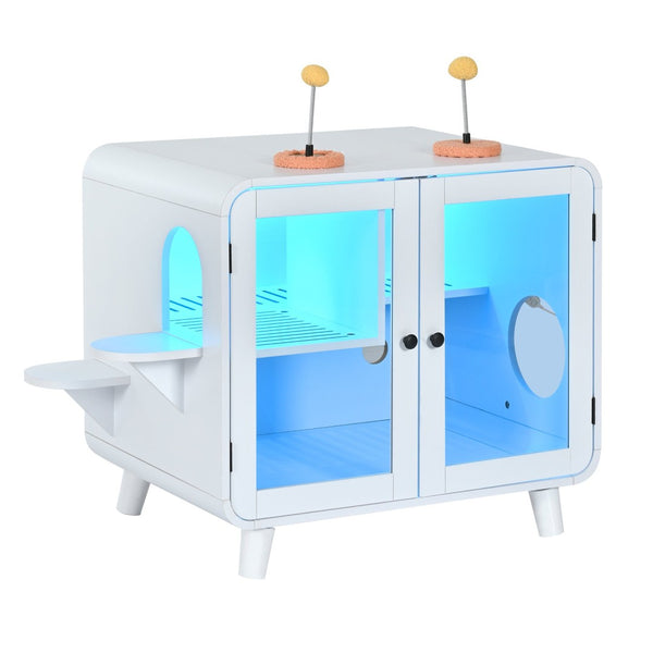 English Elm Cat Litter Box Enclosure Mdf Cabinet with Rgb Lighting Glass Doors and Play Loft White N704P419240K