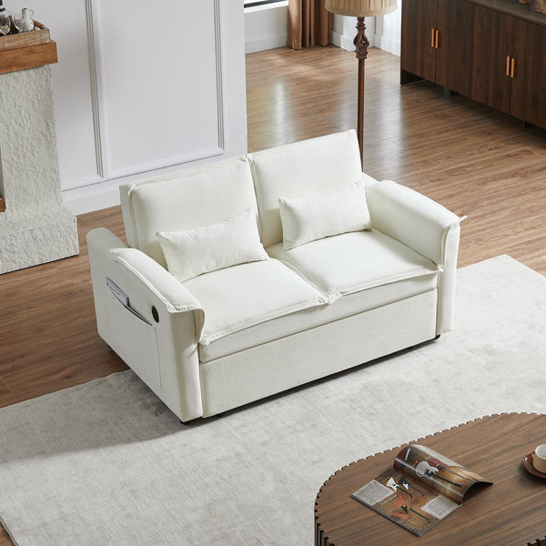 English Elm Modern Fabric Convertible Loveseat Sleeper Sofa Bed with Adjustable 3-Level Backrest, Twin Pull-Out for Small Spaces Ivory W1123P283641
