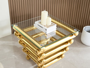 English Elm 24" Square Modern Stainless Steel End Table with Clear Tempered Glass, Gold Industrial Chic Accent W2978S00010