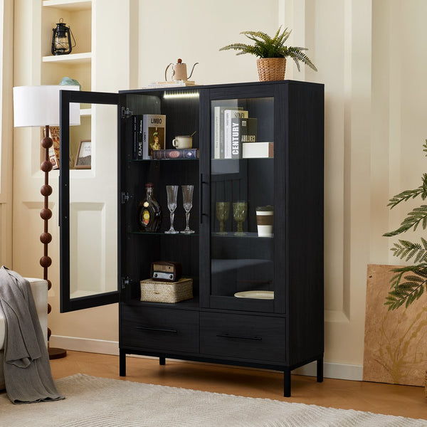 English Elm 60'' Tall Display Cabinet with LED Lighting, Tempered Glass Doors, 4 Adjustable Shelves & Drawers Black N845P261801B