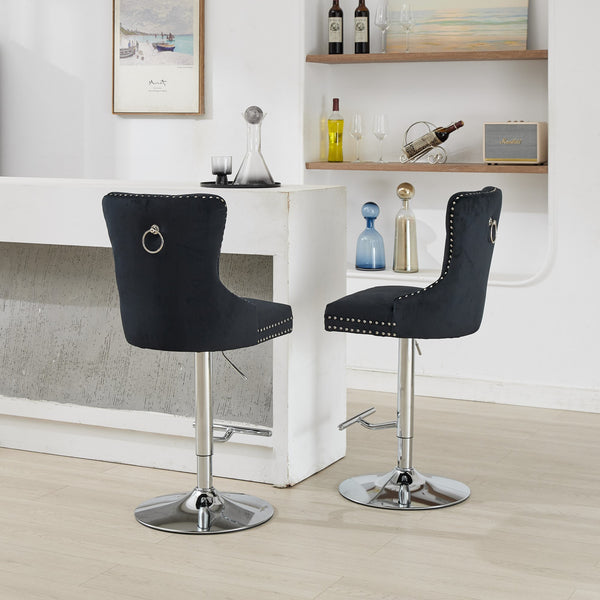 English Elm Thick Velvet Swivel Barstools Adjustable 25-33" Height with 17.7" Chrome Base, Tufted Diamond Pleat Elegance Black W1143P335042