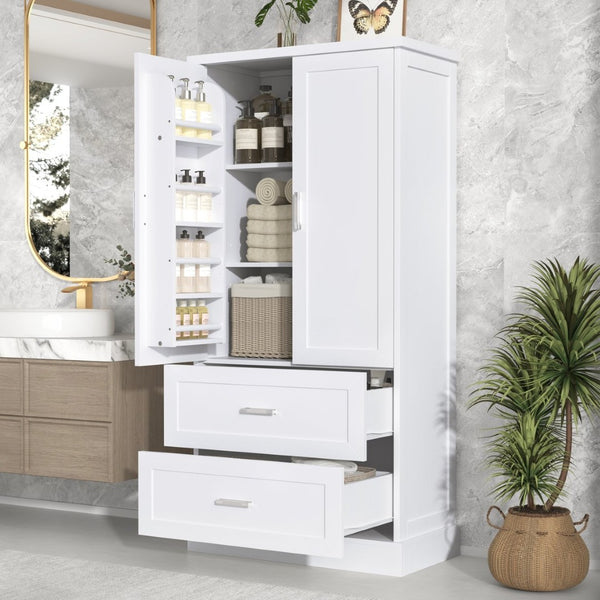 English Elm Tall White Mdf Bathroom Storage Cabinet with Adjustable Shelves and Two Lower Drawers N725S178675K
