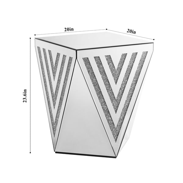 English Elm Silver mirrored side table with crystal inlay, 20"x20"x23.6" compact luxe accent for living room, bedroom, office W1005P190144