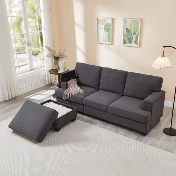English Elm 86" Linen Sectional Sofa with Storage Ottoman Reversible Chaise for Small Spaces Dark Gray W1669S00038