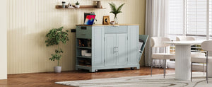 English Elm K&k Rolling Kitchen Island Rubber Wood Top Fluted Cabinet Built-in Charging Station Grey+Blue N707S221571G