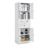 English Elm Tall Bathroom Storage Cabinet, Cabinet With Four Doors and Drawers, Adjustable Shelf, Mdf Board, White