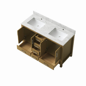 English Elm 55" Double Sink Bathroom Vanity Oak Cabinet with Carrara Top 6 Drawers 4 Doors T3785P442241