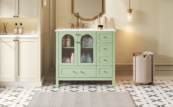 English Elm 36" Green Bathroom Vanity with Waffle Texture Doors, 4 Drawers, Glass Panels, Soft-Closing, Modern Storage N710P280025C