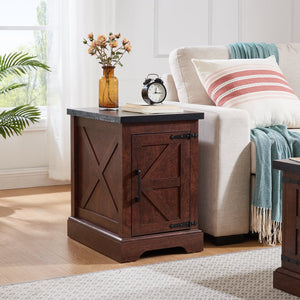 English Elm Farmhouse Rustic End Table with Barn Door Concealed Storage, Metal Handle, Retro Decor, Sturdy Base Oak W2275P192794