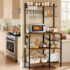 English Elm Bakers Rack with Power Outlet & USB, Microwave Stand with Pull-Out Basket, Coffee Bar Organizer W3204P354195