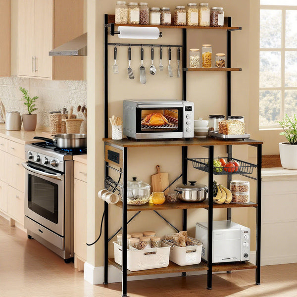 English Elm Bakers Rack with Power Outlet & USB, Microwave Stand with Pull-Out Basket, Coffee Bar Organizer W3204P354195
