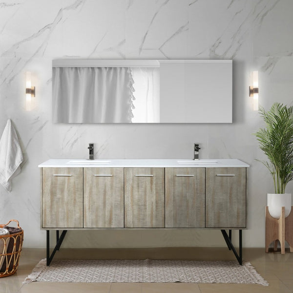 English Elm Rustic Acacia Double Bath Vanity 72" W With White Quartz Top, Gun Metal Faucet & Ample Storage Space B2731P259641-GIGA