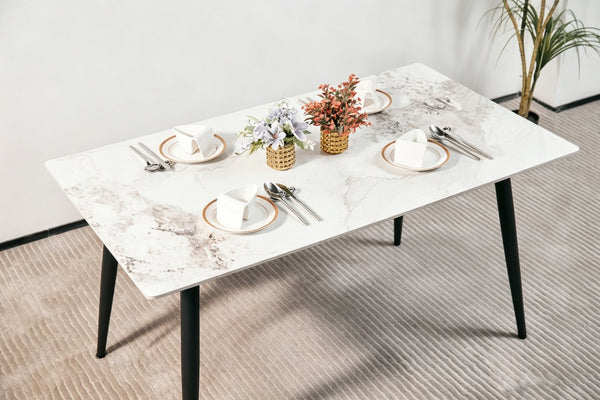 English Elm Modern Sintered Stone Rectangular Dining Table Seats Six with Tapered Black Metal Legs W1911S00017