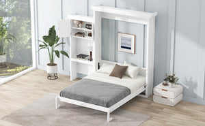 English Elm Queen Size Murphy Bed With Stylish Louvered Design, Multi-Storage Shelves, And Elegant White Finish N7090004018K-GIGA