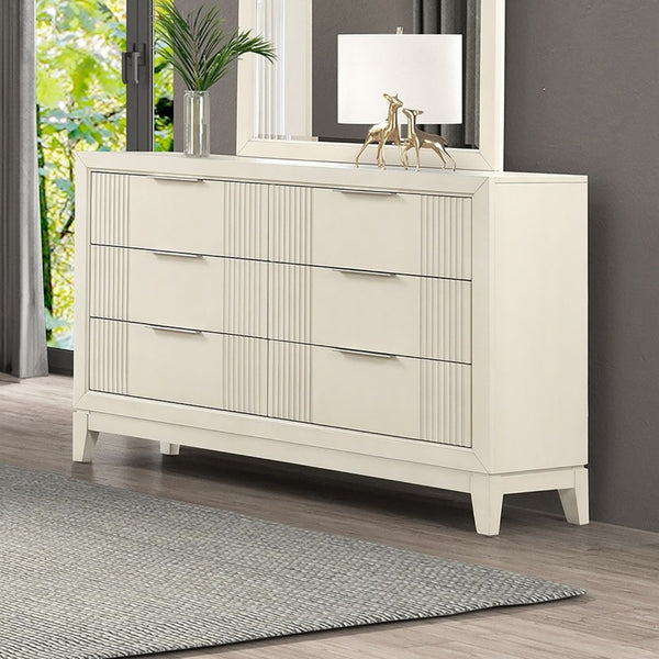 English Elm Antique White Six Drawer Dresser with Mirror Fluted Wood Panels Chrome Pulls B2741S00927