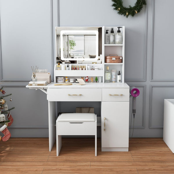 English Elm Vanity Desk with Led Mirror Touch Light Power Outlet Drawers and Storage Stool W2700P342538