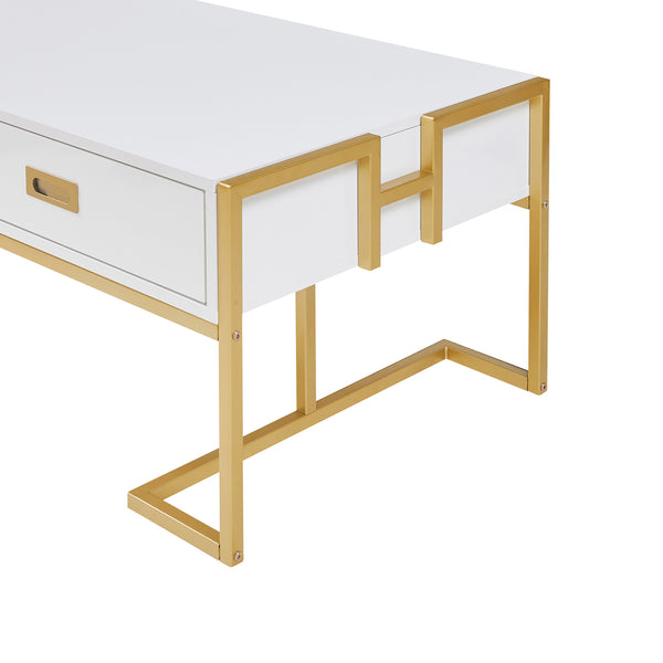 English Elm Modern 47.3" Rectangular Coffee Table with White MDF Top, Gold Metal Base & 4 Spacious Drawers, Luxe-functional Design N735P305626K