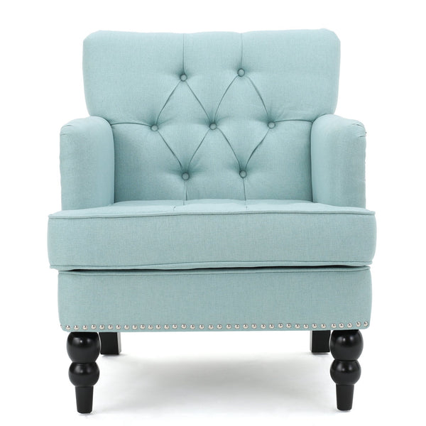 English Elm Christopher Knight Home® - HARRISON Tufted Club Chair with Diamond-Stitched Back, Nailhead Trim and Turned Birch Legs for Comfort and Style Light Blue 53444.00FLBL