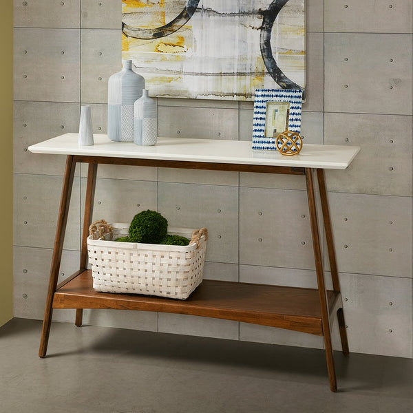 JLA Home Madison Park - Console Parker Mid-Century Entry Console with Off-White Top, Pecan Shelf, Tapered Legs, Storage MP120-0096