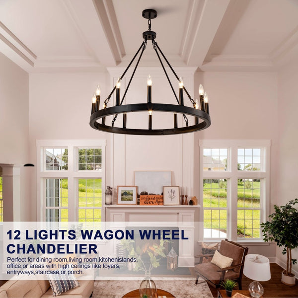 English Elm 12-light Wagon Wheel Chandelier Black Iron Rustic Farmhouse Fixture for Dining Rooms W2991P406726