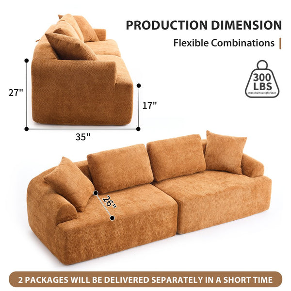 English Elm LY-024OR Plush 4-Seater Compression Sofa in Orange Crochet Yarn Fabric with 4 Pillows, Deep Seat Comfort W2231S00016