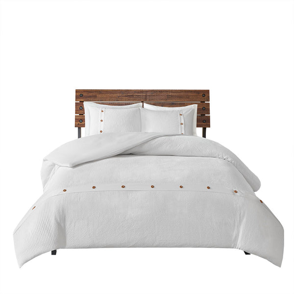 JLA Home Madison Park - 3 Cotton Waffle Weave Duvet Set with Wood Button Closure, OEKO‑TEX, Breathable 100% Cotton, Easy Care MP12-5626
