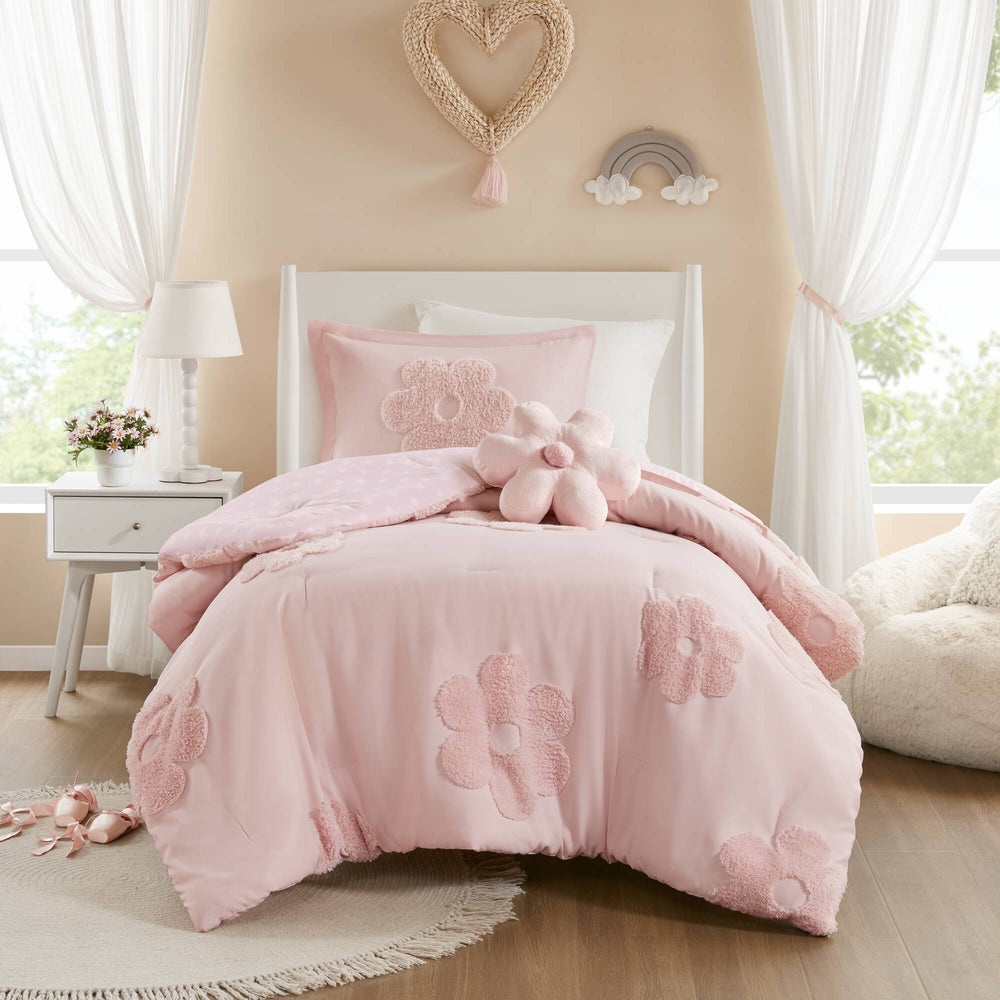 English Elm 3-Piece Twin Floral Reversible Tufted Chenille Comforter Set With Cozy Flower Pillow, Pink Charm B035P408213