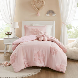English Elm 3-Piece Twin Floral Reversible Tufted Chenille Comforter Set With Cozy Flower Pillow, Pink Charm B035P408213
