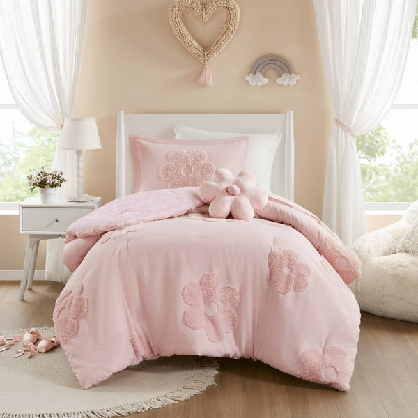 English Elm 3-Piece Twin Floral Reversible Tufted Chenille Comforter Set With Cozy Flower Pillow, Pink Charm B035P408213