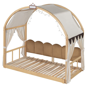 English Elm Twin Pinewood Ground-Level Canopy Bed with Arched Roof and Trundle for Kids—Whimsical, Sturdy Design Natural N820P181648N