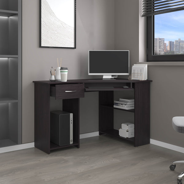 English Elm Jasper Corner Desk with Dark Kronos Wengue Finish — L-Shaped Space-Saving Design & Dual Shelves B200P378363