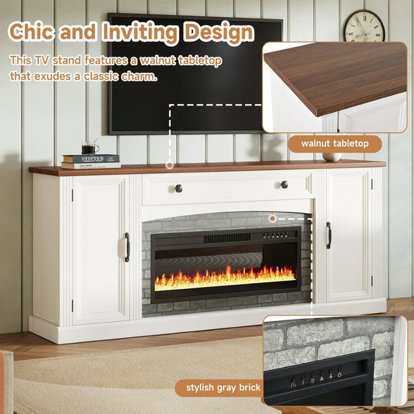 English Elm On-trend Farmhouse Electric Fireplace Console Walnut Veneer Media Cabinet for Living Room White N721S000069K
