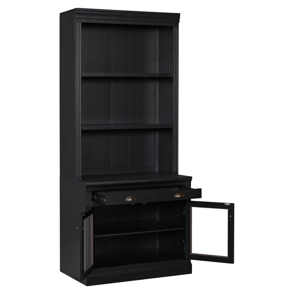 English Elm 83.4"Tall Modern Bookshelf With Led Lighting, Glass Doors & Drawer For Stylish Storage And Display N751S280595B