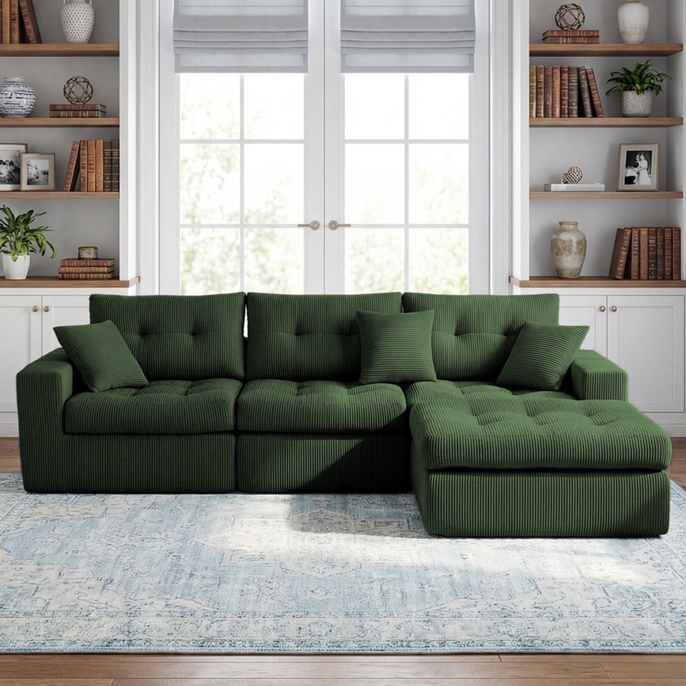 English Elm Corduroy L-shaped Sectional Sleeper Sofa No Assembly Needed for Apartments Army Green,Dark Green W5532S00031