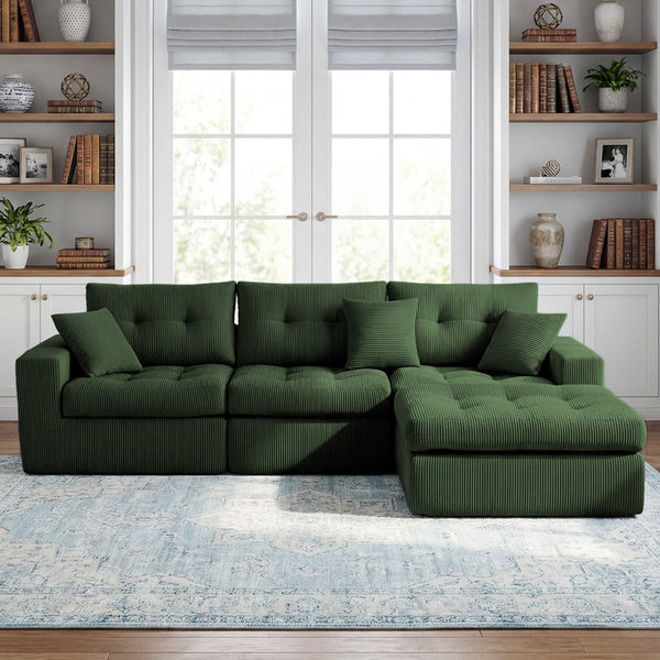 English Elm Corduroy L-shaped Sectional Sleeper Sofa No Assembly Needed for Apartments Army Green,Dark Green W5532S00031