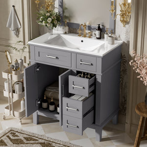 English Elm 30" Freestanding Bathroom Vanity Ceramic Sink Soft Close Cabinet Gray Wood Frame Grey N729P427118E