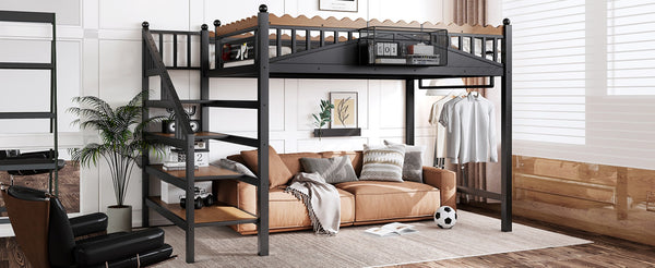 English Elm Full Size Metal Loft Bed with Stair Storage Shelves Bookshelf for Dorms Bedroom W1580S00378