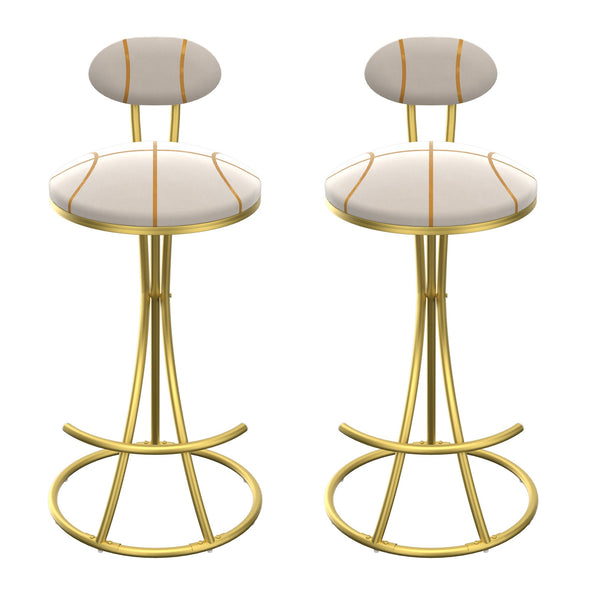 English Elm Round Velvet Counter Stools Set of 2 — Gold Stripe Upholstered Padded Seat with Footrest, 27.95" high W1757P345494